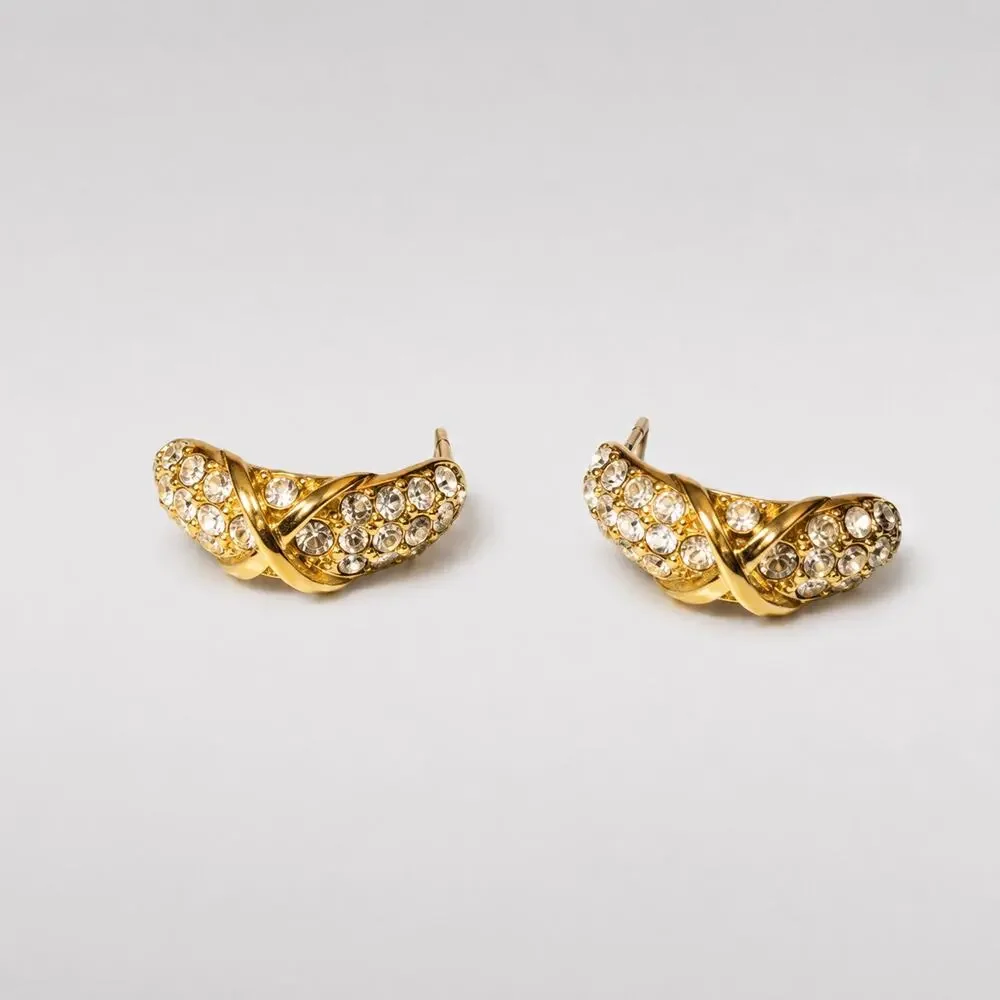 Rhinestone Pierced Earrings Gold-tone Crescents 1